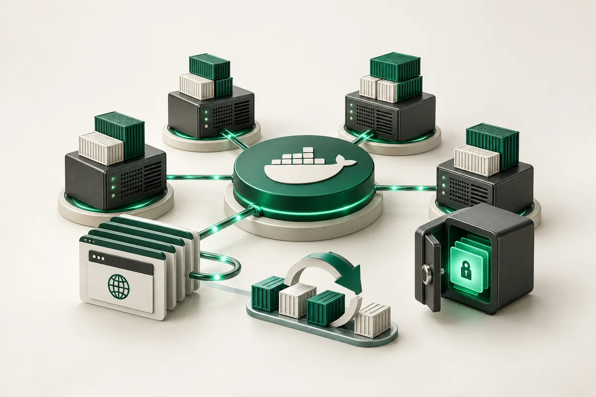 Иллюстрация к статье «Docker Swarm: кластер из нескольких VPS без Kubernetes»