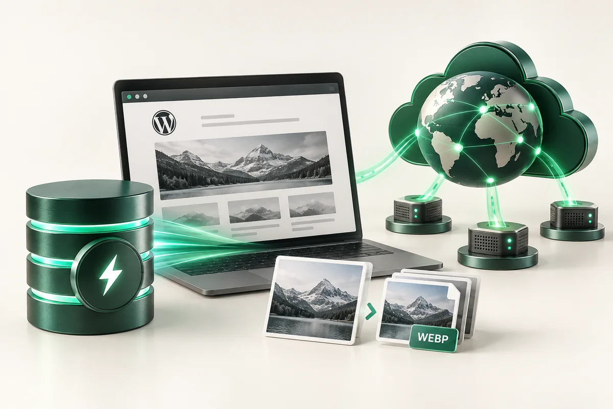 Иллюстрация к статье «Ускорение WordPress: кэш, изображения и CDN»